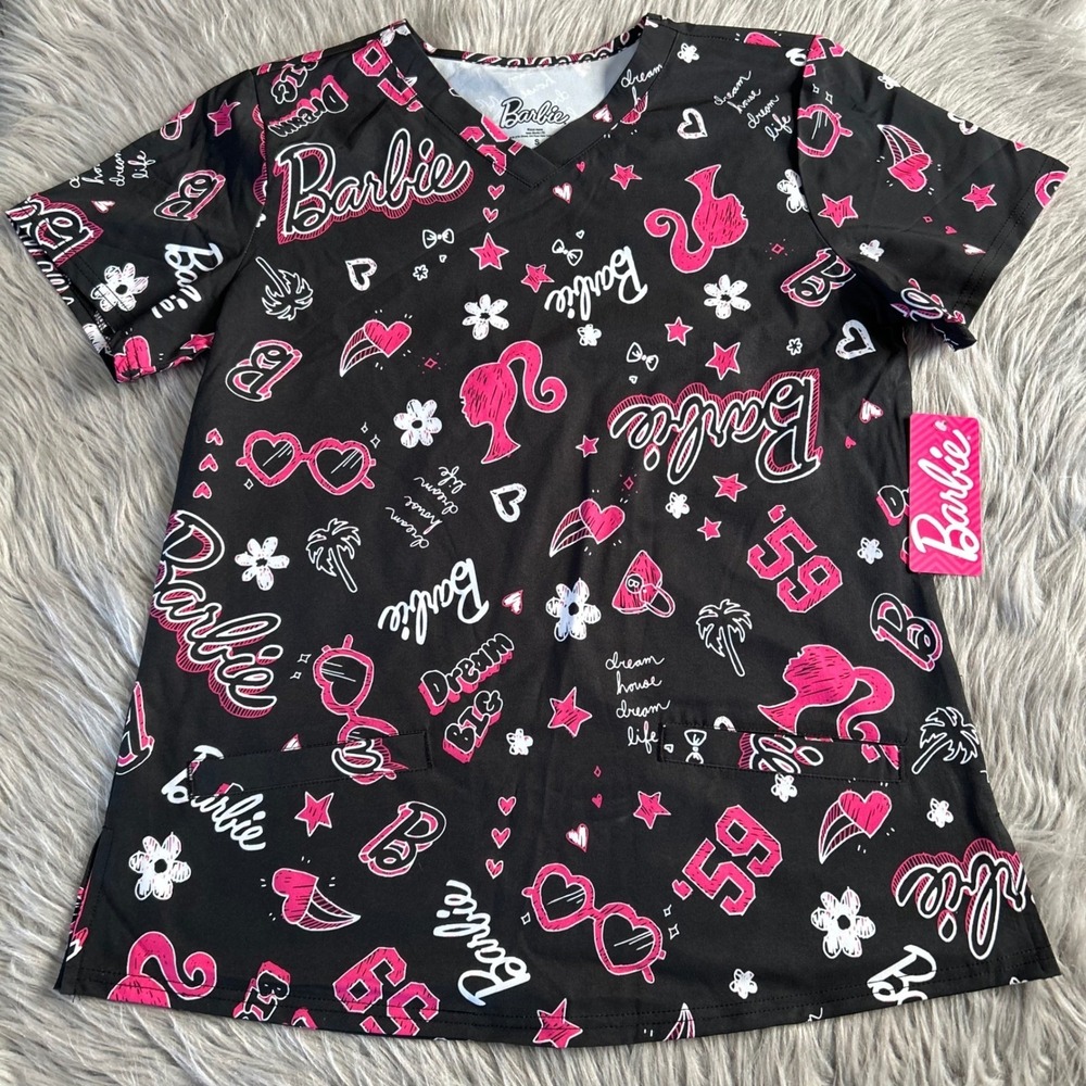 Barbie Scrub Top Womens‎ Size Small Black Pink Short Sleeve Work Shirt